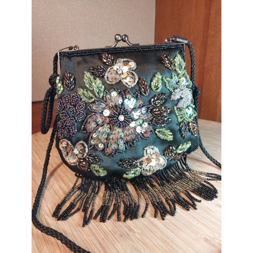 Lancome Black Multi Color Beaded Sequined Small 6" Snap Evening Bag Corded Strap - Picture 11 of 16